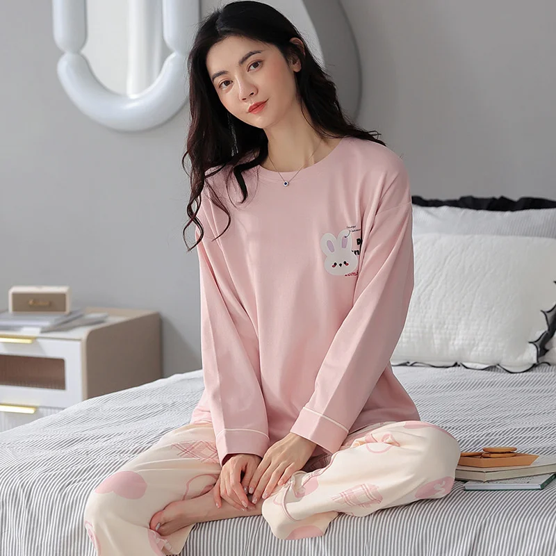 Lovely Print Autumn Winter New Faux Cotton Women Pajamas Set Long Sleeves Simple Sweet Printing Casual Loose Home Wear