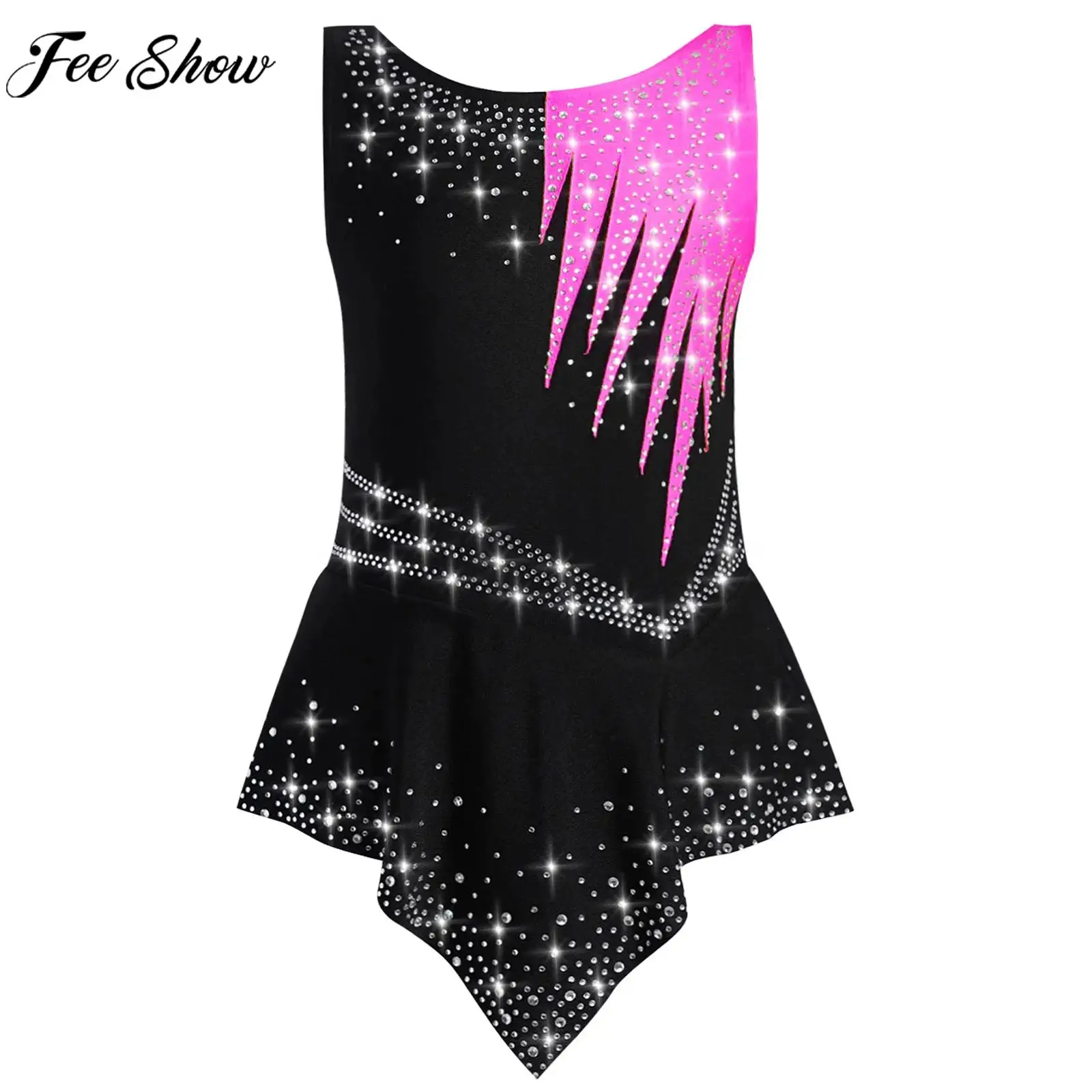 Kids Girls Shiny Rhinestones Figure Skating Bodysuit Ballet Dance Acrobatics Rhythmic Gymnastics Yoga Leotard Dress Dancewear