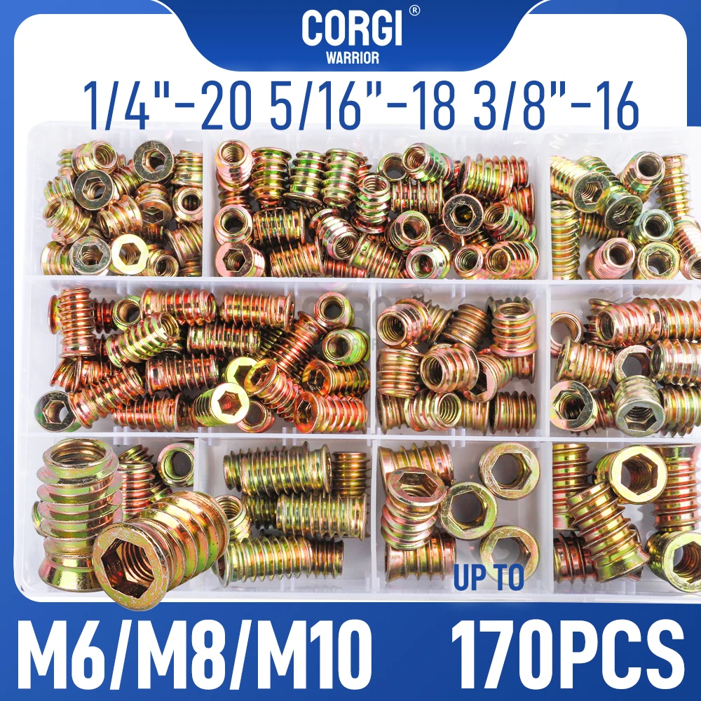 

40-170 M6 M8 M10 Threaded Wood Inserts Nuts Assortment Kit Pieces 1/4-20 5/16-18 3/8-16 Steel Insert Set for Woodworking Screw