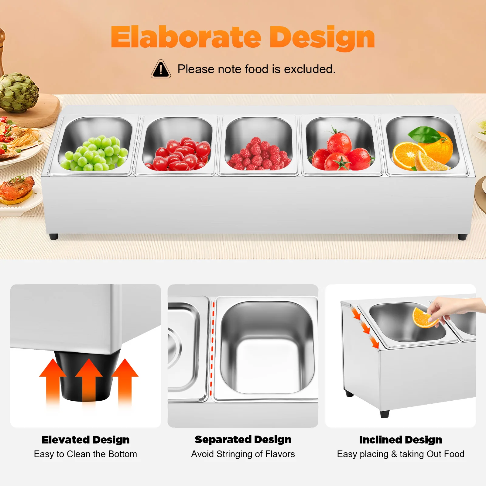 Stainless Steel 5-Grid Single-Row Food Divider Tray 201 Stainless Steel 2L Container Countertop Organizer for Kitchen