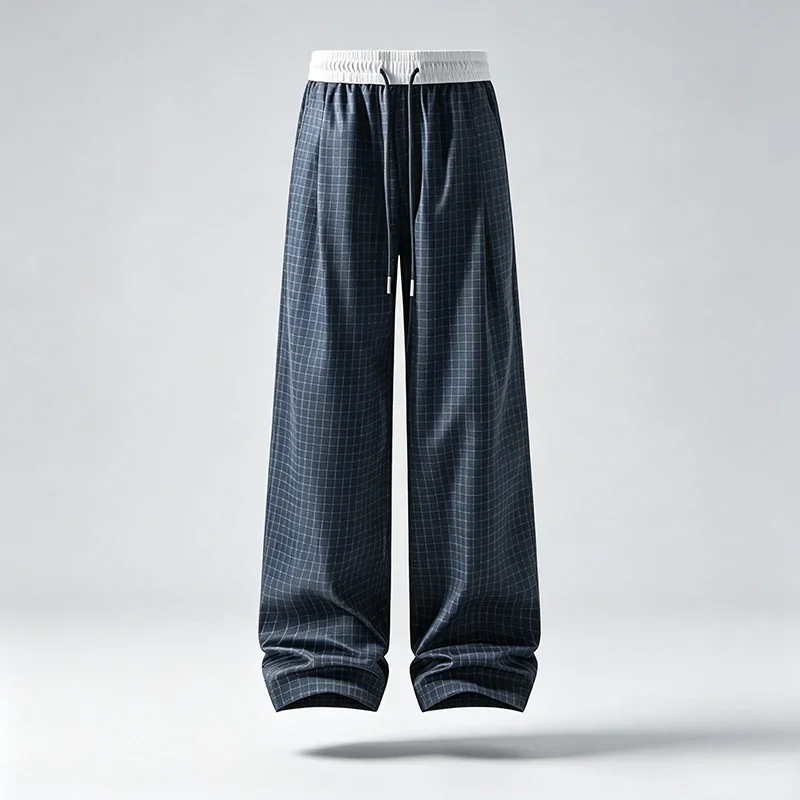 Men Grid Check Wide Leg Pants Contrast Elastic Waist Drawstring Loose Straight Casual Trousers Streetwear Bottoms