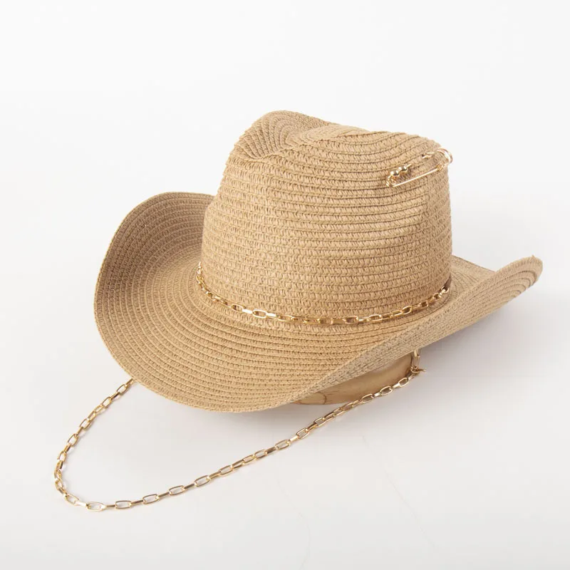Unisex Cowboy Straw Hat Foldable Curved Pointed Chain Pin Beach Sun Fedora