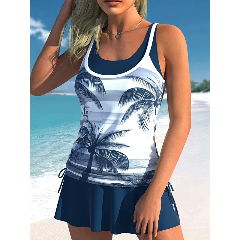 Zweiteiliges Bikini-Set mit tropischem Blattmuster, 2025, konservativer Tankini mit hoher Taille für Damen, sexy Push-Up-Badeanzug, Vintage-Bademode