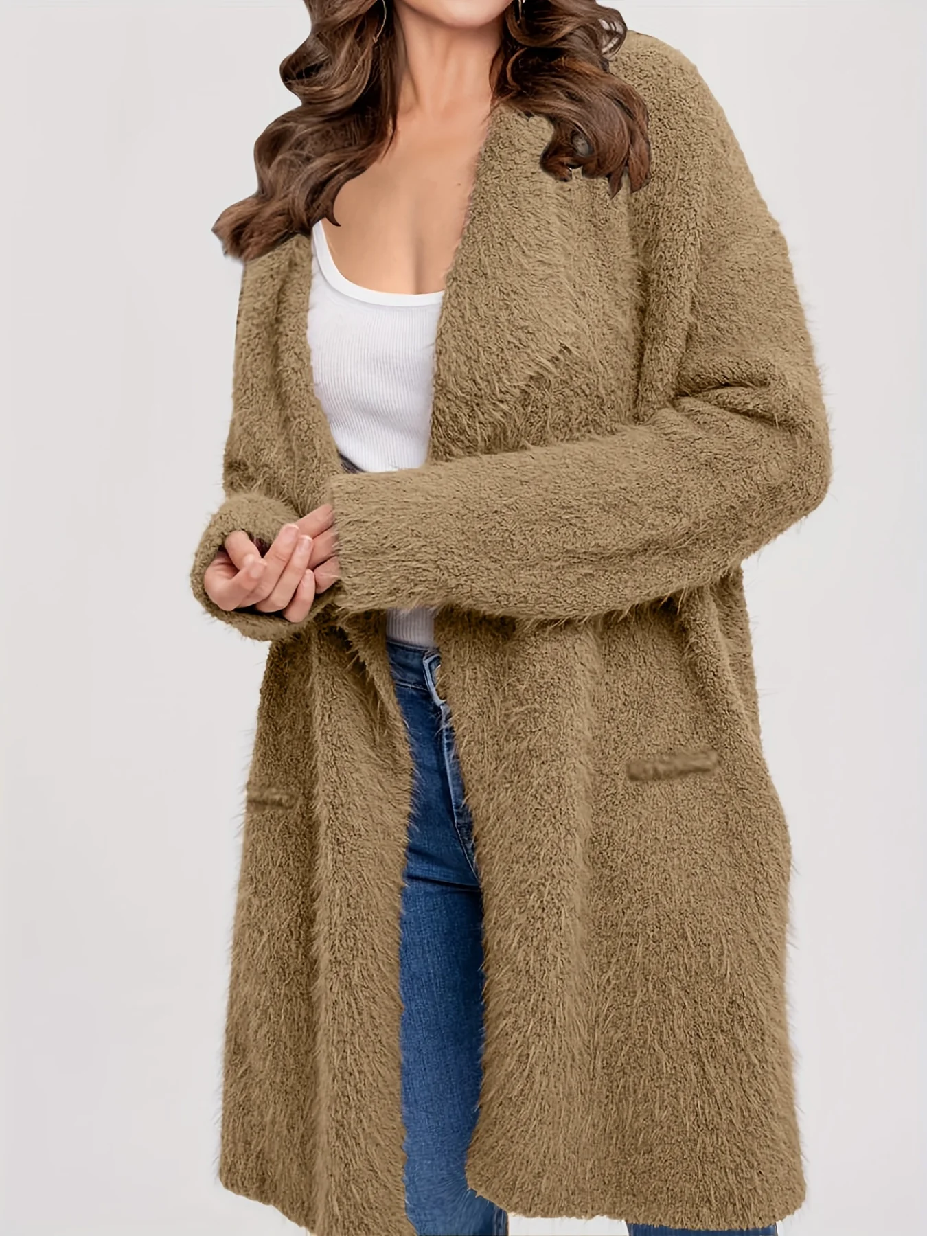 Furry Women's Cardigans Pockets Long Sleeve Autumn Winter Coat Turn Down Collar Solid Casual Vintage Plus Size Jackets Outerwear