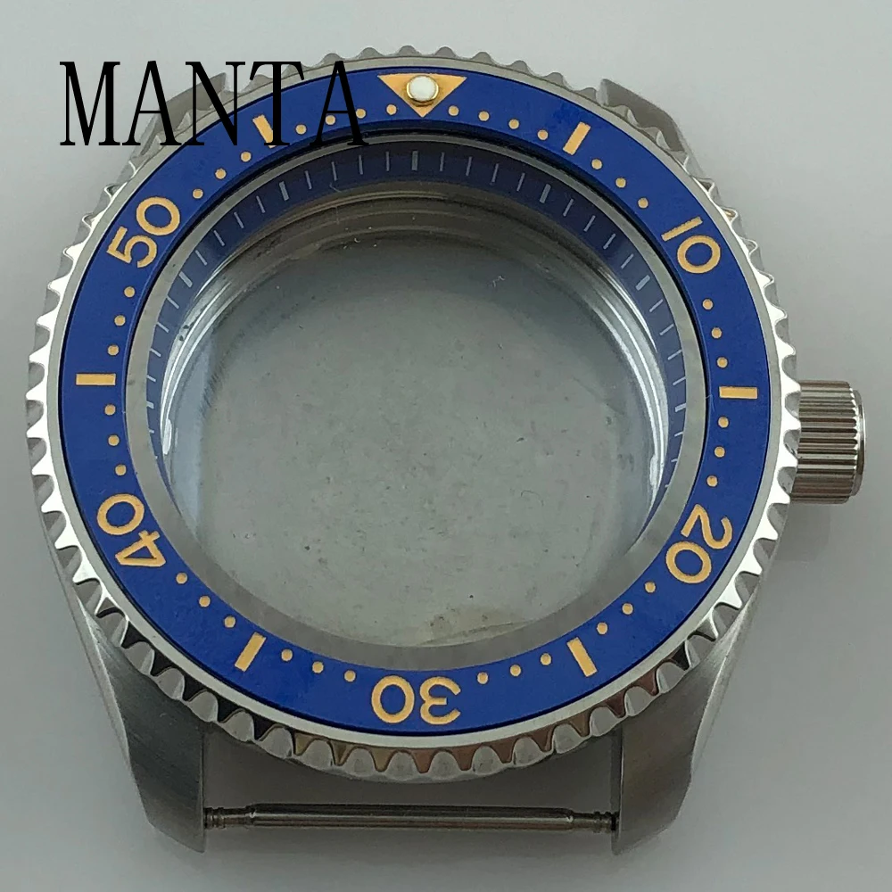 مانتا 42 مللي متر حافظة من الفولاذ المقاوم للصدأ الأزرق الديكور الدائري الياقوت ساعة زجاجية أجزاء حركة FitNH35NH36