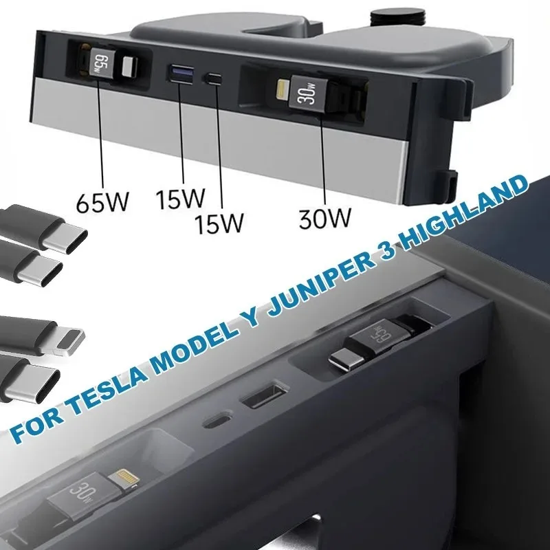 65W USB Hub for Tesla Model Y Juniper 3 Highland Retractable Center Console Charger Phone Charger Fast Charging Docking Station