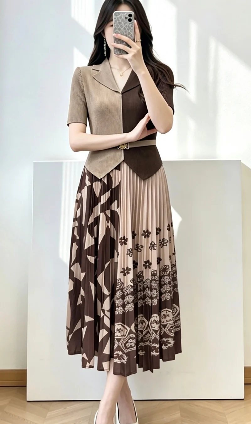 Miyake Pleated Dress Women Colorblock Knit Top Geometric Print Midi Skirt Belted Waist Elegant Office Lady Fashion 2026 New