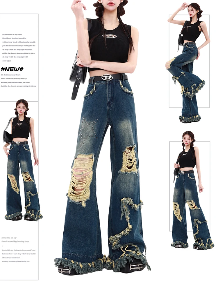 Jeans strappati larghi blu da donna Pantaloni in denim vintage Harajuku Star Y2k Pantaloni da cowboy a gamba larga Trashy Abiti stile giapponese anni 2000