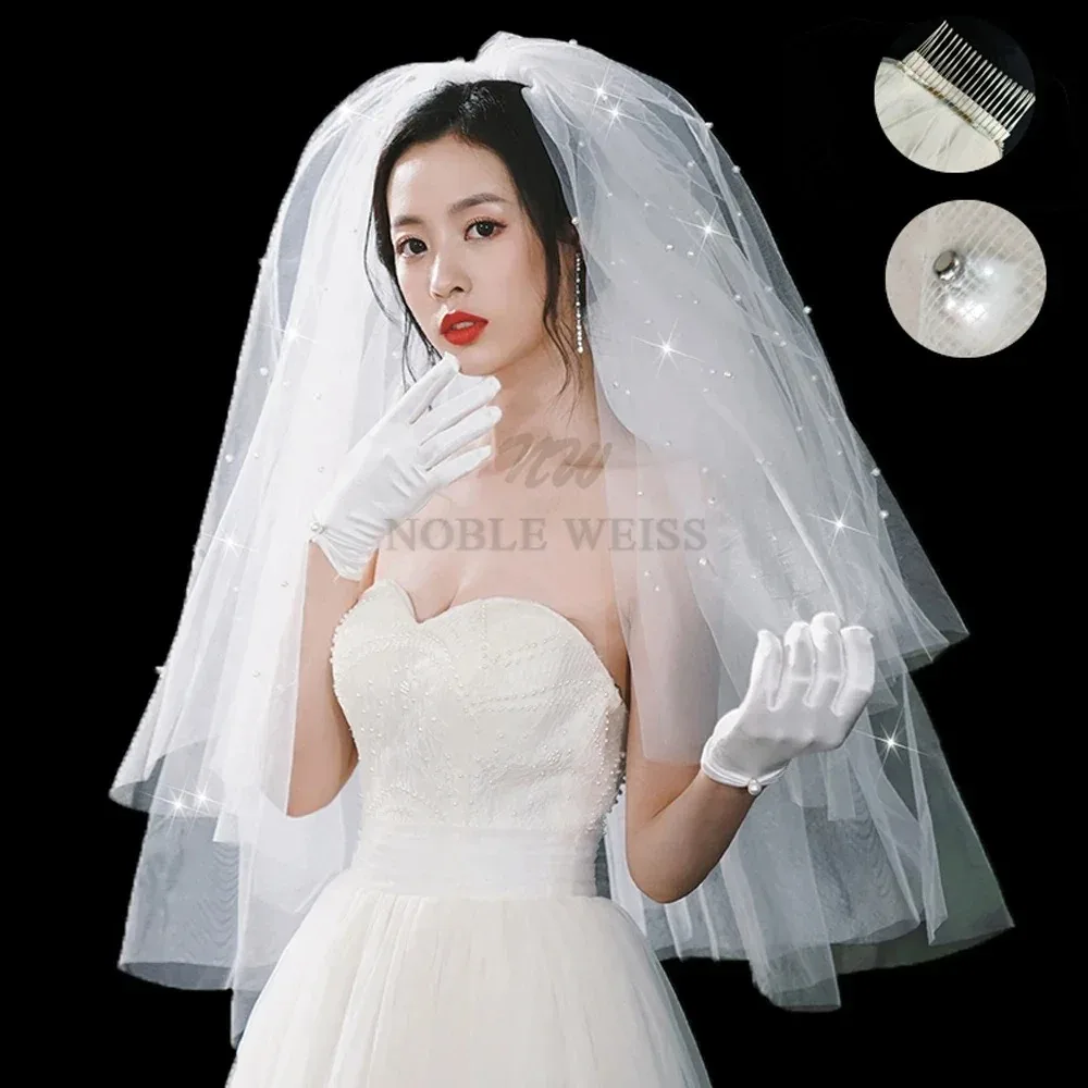 Short Wedding Veil Pearls Two Layers Bridal Veils Customized