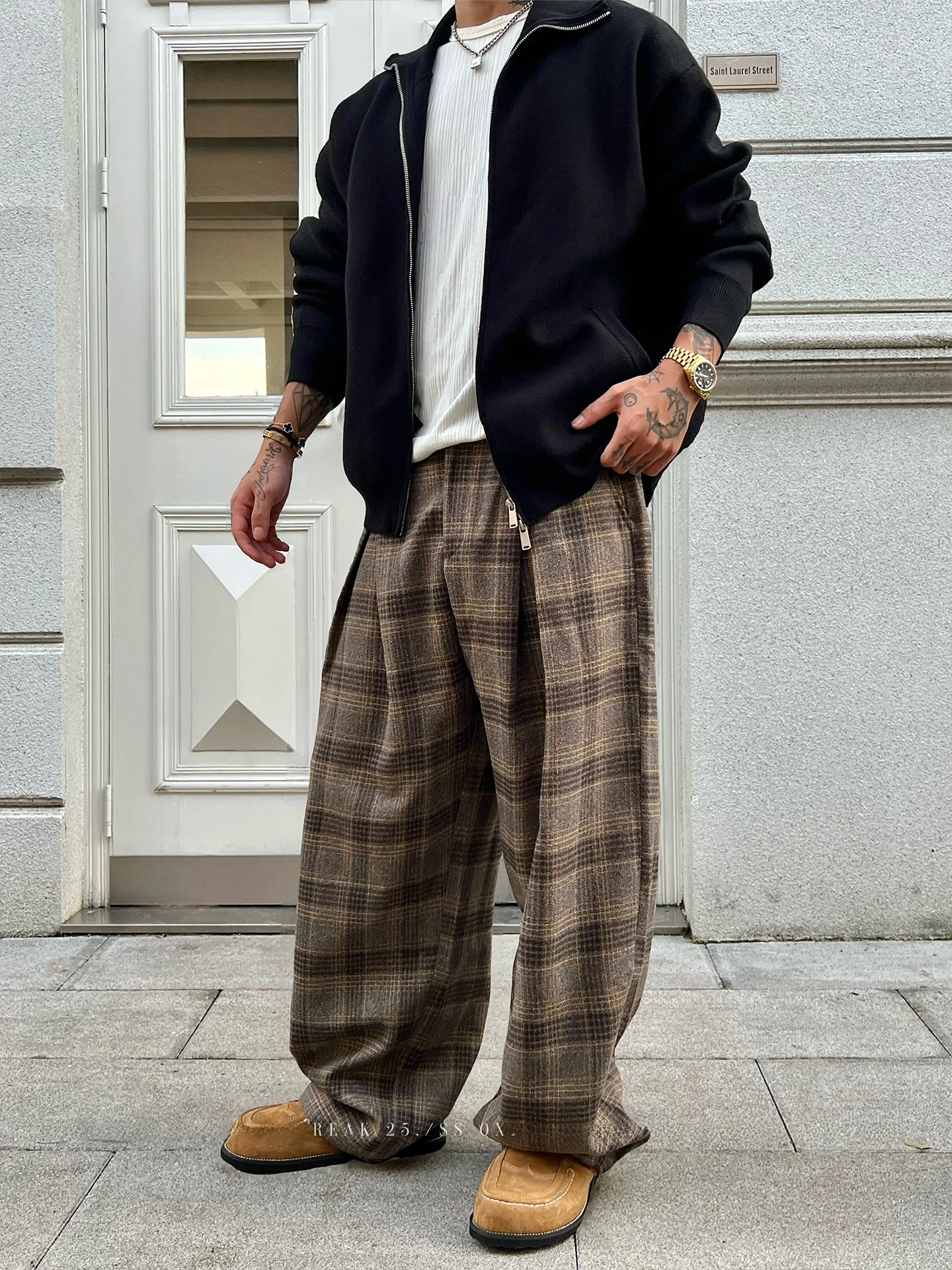 

Men's Casual Wide Leg Pants Flannel Brued Color Blo Plaid Loose Drapey Sli Spring Autumn Polyester Fiber Zipper Closure