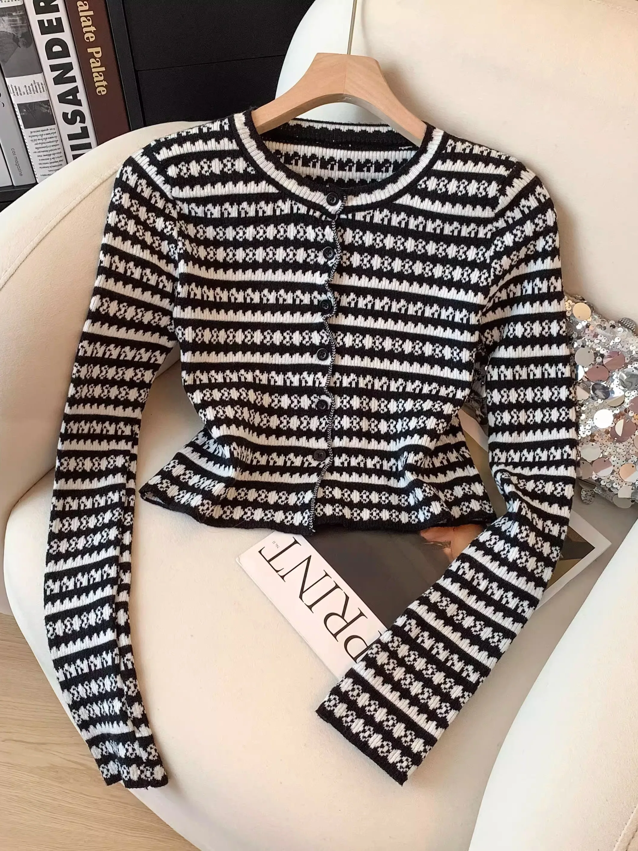 

Ранняя осень 2024, французский вязаный открытый кардиган, женский длинный светящийся круглый свитер Ne Jaet Top Bright Tead De...