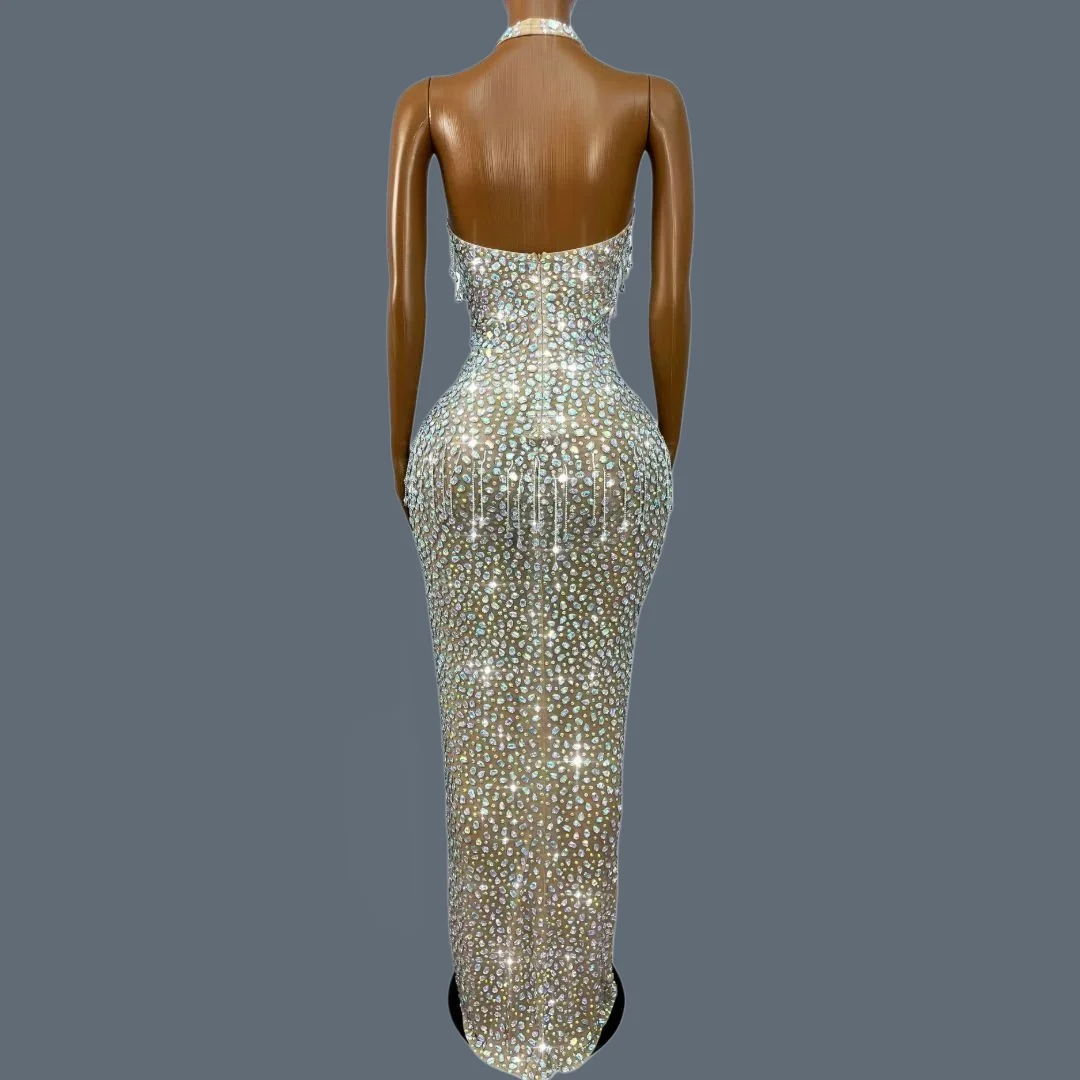 Women Sparkling Crystals Tassel Sexy Evening Gown High Slit Deep V-neck Hanging Neck Elegant Luxury Mesh Long Dress Wulongweibo
