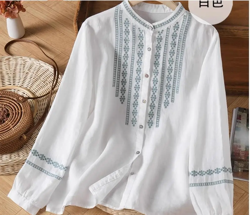 Ethnic style embroidered stand collar double-layer cotton yarn long-sleeved shirt