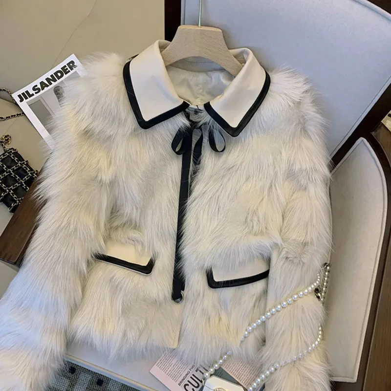 Fashion Faux Fox Fur Women Coat Y2K Korean Chic Patchwork Single Breasted Crop Jacket Winter Warm Elegant Bow Fluffy Outerwear