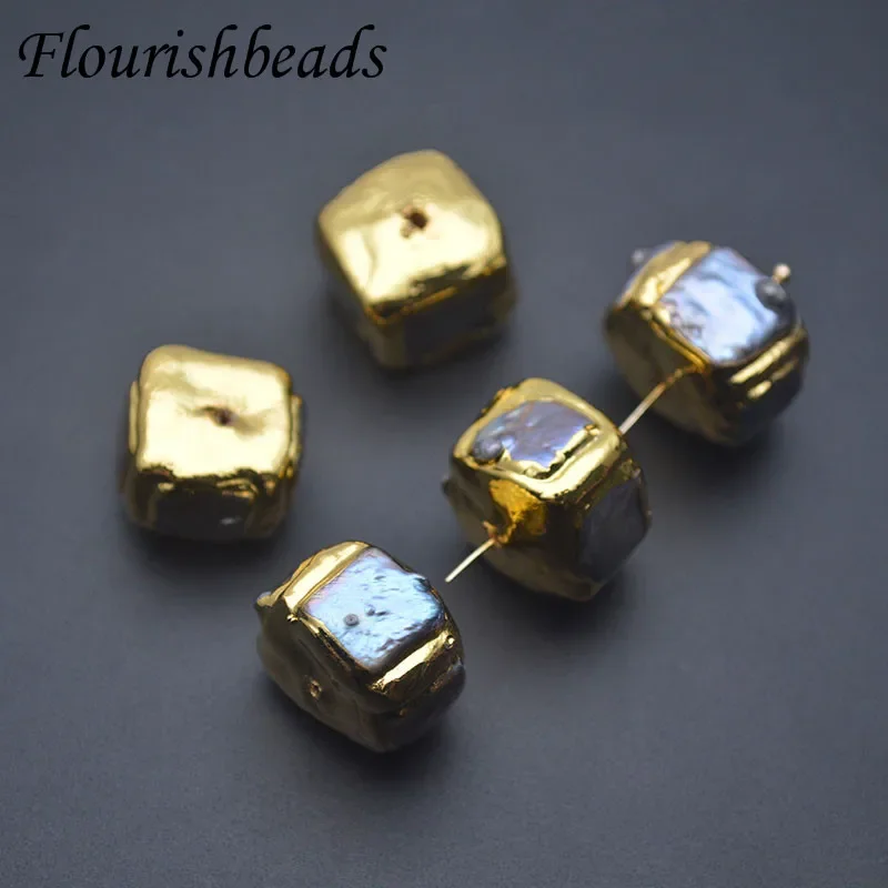 Gold Plated Gray Pearl Irregular Square Through Hole Loose Beads DIY Necklace Jewelry Decorative Bead 10pcs/lot