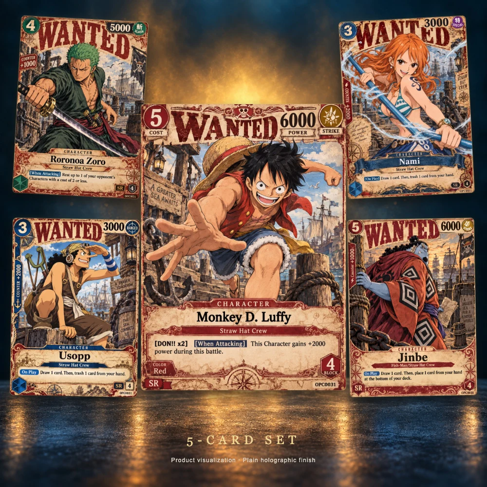 5Pcs One Piece Cards OTCG Vintage Wanted Poster Style Trading Luffy Zoro Nami Usopp Jinbe Collection Cards One Piece Card Game