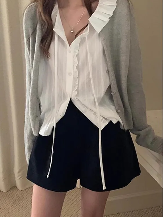 

Шикарный ранняя весна, милый молодежный галстук-бабочка на одной пуговице, деревянные уши, свободный универсальный женский свободный крой Bubble Sve irt, длинный...