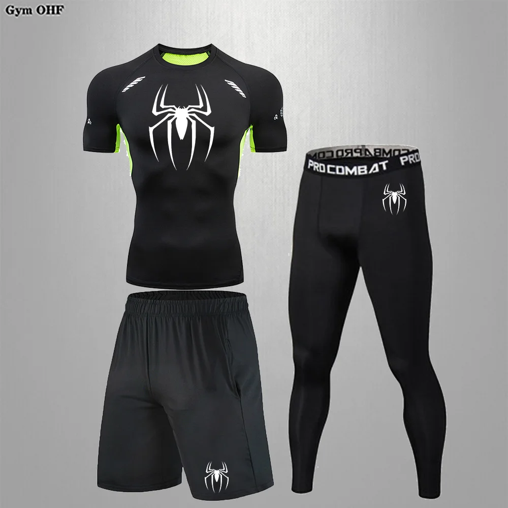 Spider Print Compression Set for Men 3 Pieces Athletic Active Workout Fitness Suit Undershirts Leggings Pants Shorts