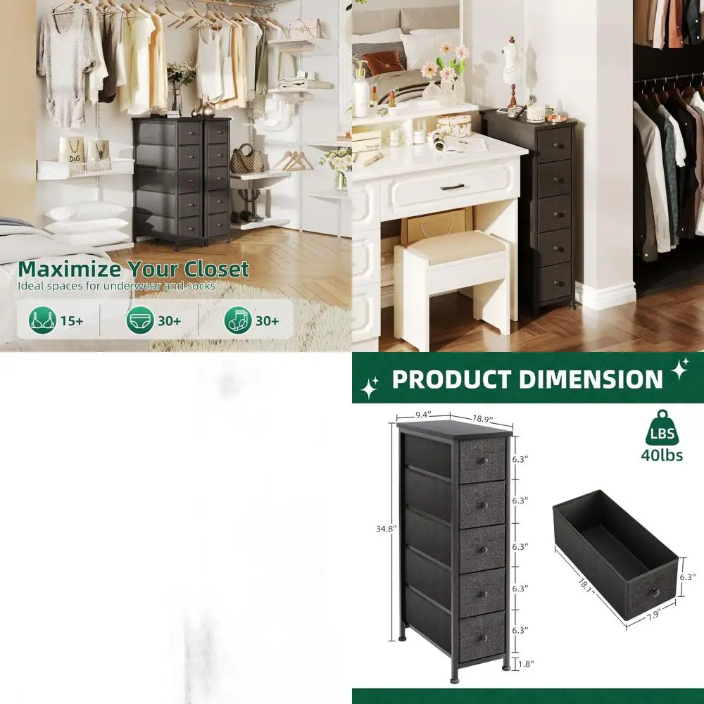 

Compact 5-Drawer Storage Unit, 19 Wide, Fabric Bins, Wood Top, Ideal for Small Spaces, Bedroom, Bathroom, Closet (Black)