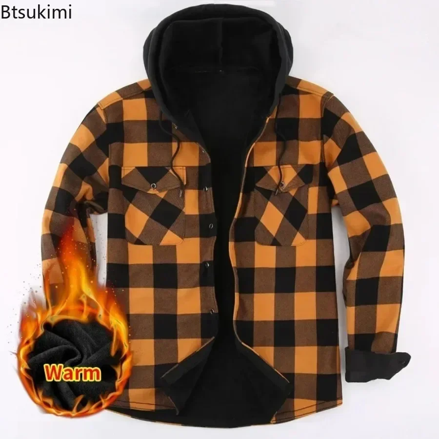 Men\'s Shirts Jacket Fleece Linend Hooded Plaid Coats Fashion Casual Metal Buckle Long Sleeve Warm Shirts Men\'s Winter Clothing