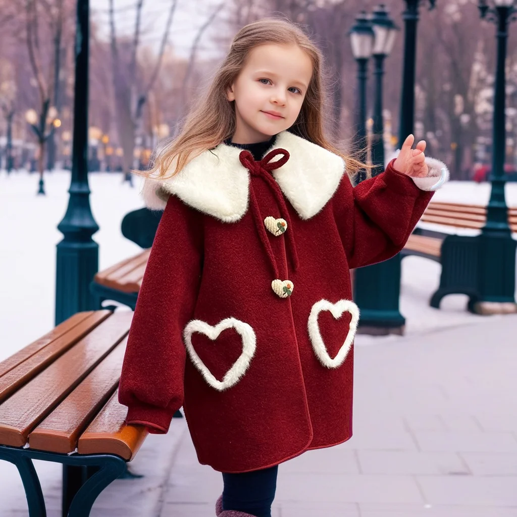 

Красное шерстяное пальто для девочек на Новый год 2025 года | Теплая зимняя твидовая куртка на фланелевой подкладке | Флисовый толстый длинный плащ для детской верхней одежды