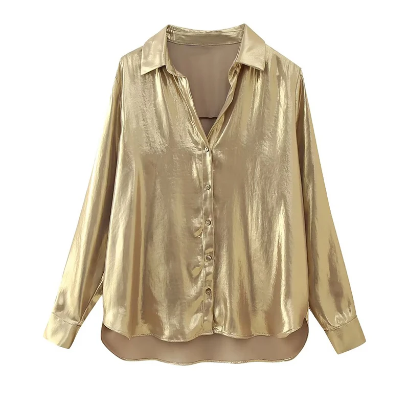 

Willshela Women Fashion Golden Single Breasted Blouse Vintage Lapel Neck Long Sleeves Female Chic Lady Shirts