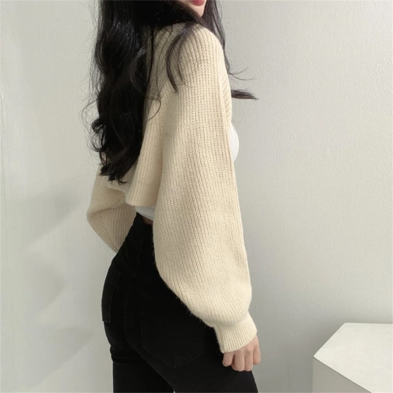 Women Autumn Open Front Shrug Long Sleeve Cropped Cardigan Sweater Lady Daily Casual Solid Color Outwear Jacket Short Shawl Tops