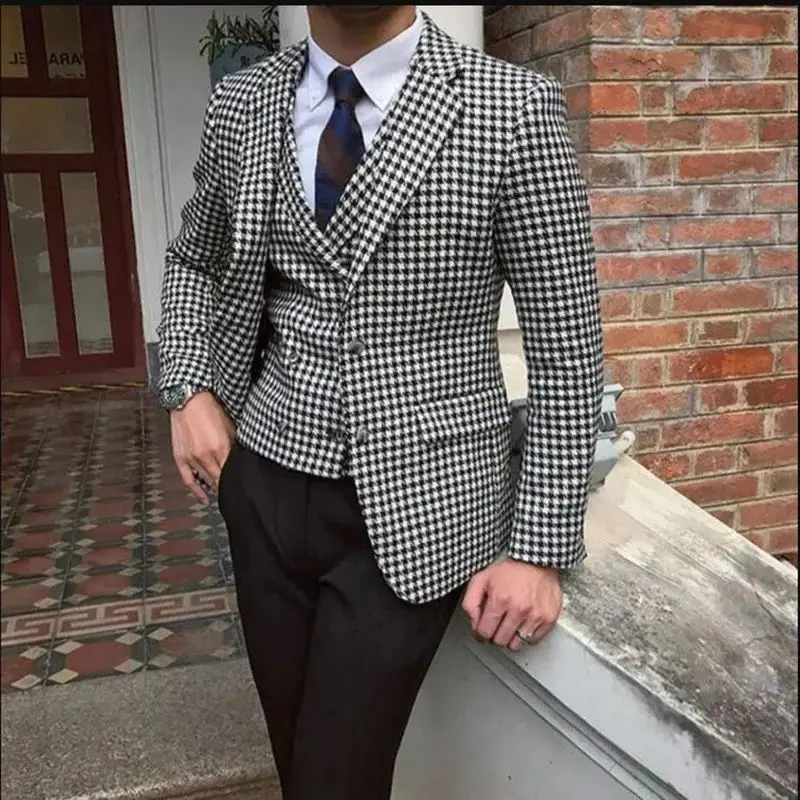 

2024 Men's Houndstooth Suits for Wedding Notched Lapel Groomsmen Prom Tuxedos Business Male Suit 3 Piece ( Blazer+Vest+Pants )