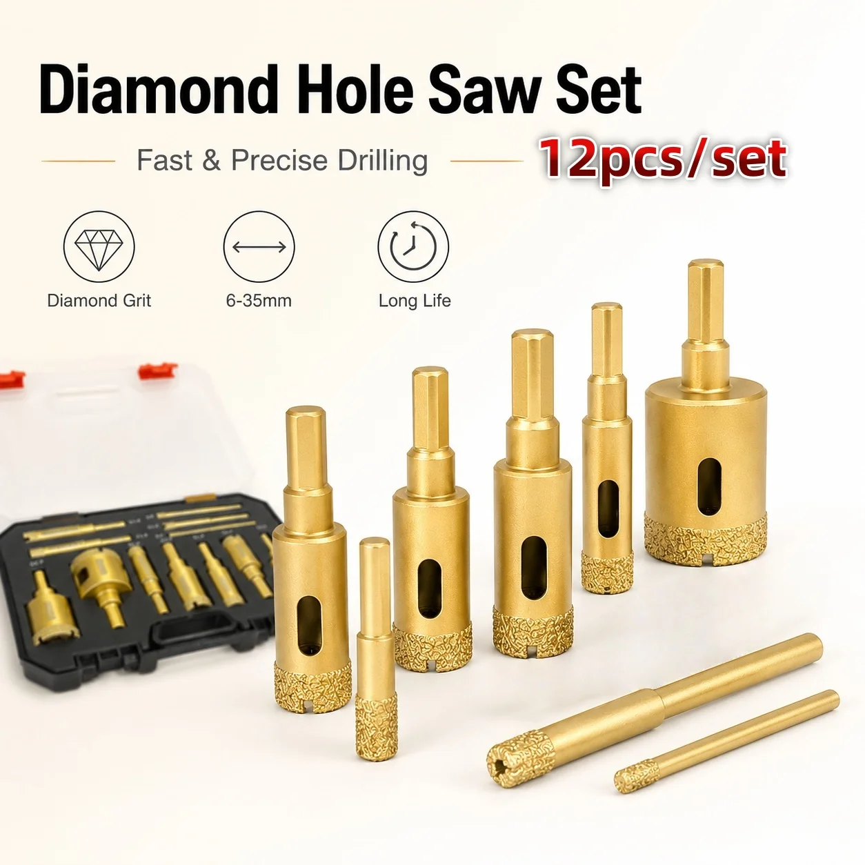 12PcsDiamond Hole Saw Set 6‑35mm Tile Drill Bit Kit for Ceramic Glass Marble Stone Hollow Core Drill Bits Power Tool Accessories