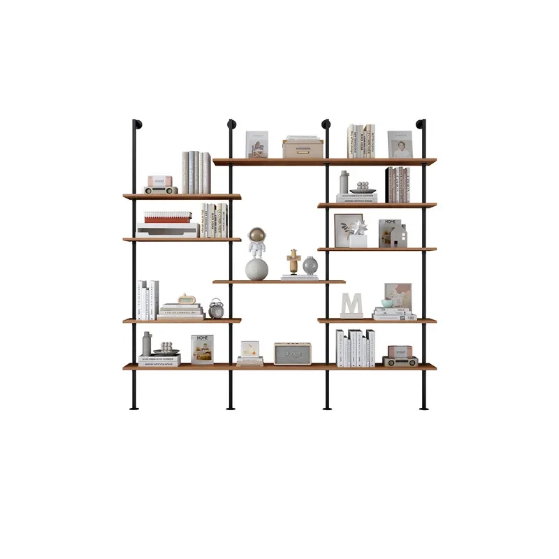 Floor to Ceiling Solid Wood Bookshelf with Lamp Adjustable Multi Layer Wall Mounted Storage Rack for Living Room Office