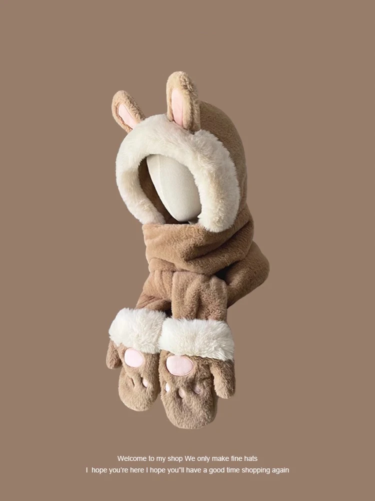 طقم قبعة ووشاح وقفازات أنيق بتصميم أذن أرنب للنساء، أكمام طويلة أنيقة