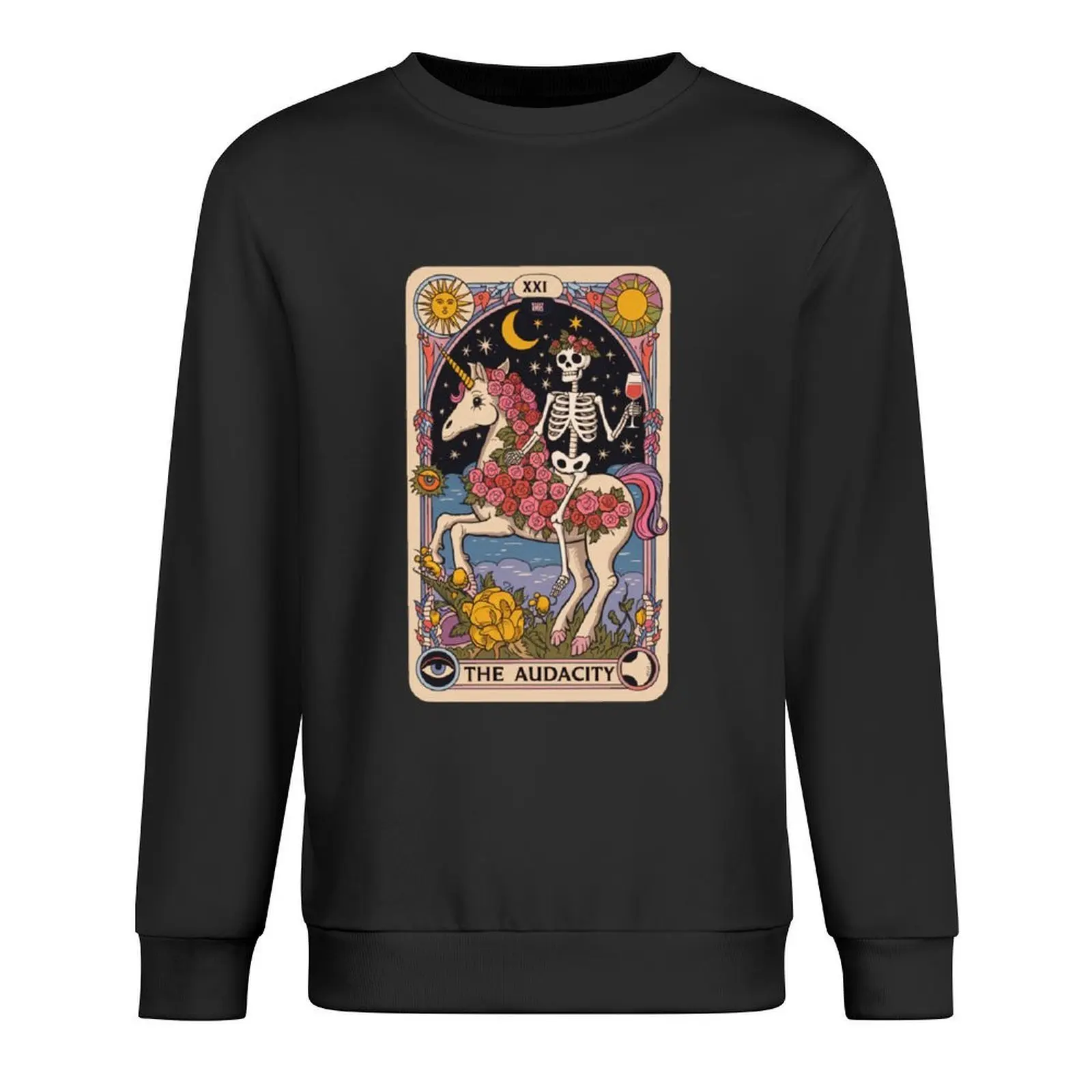 

The Audacity – Skeleton on Unicorn Tarot Design Pullover blouse anime clothes mens clothing mens clothes graphic sweatshirts