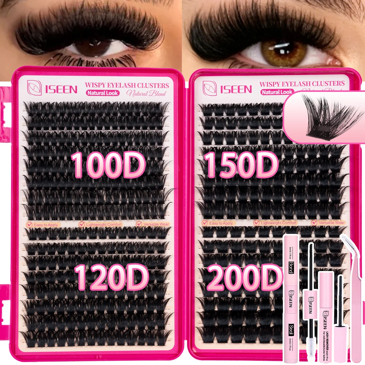 Wimpern-Cluster-Set, dicke, flauschige Einzelwimpern, weicher, natürlicher Look, DIY-Cluster-Wimpernverlängerungen mit Bond&Seal-Kleberentferner