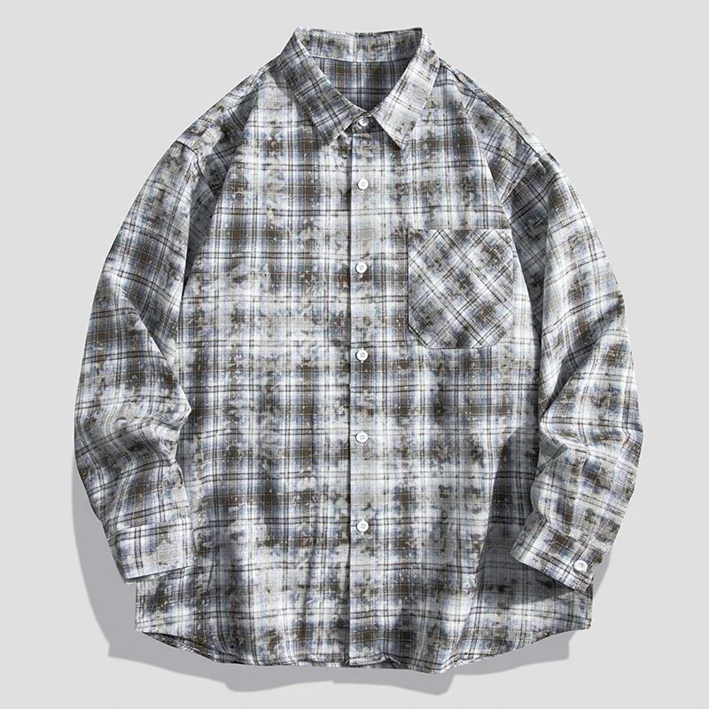 LIBIELIY   Men's Shirt Plaid Long Sleeve Shirt Loose Lapel Men Shirt Vintage High Street Top Men Chemise Homme High Quali