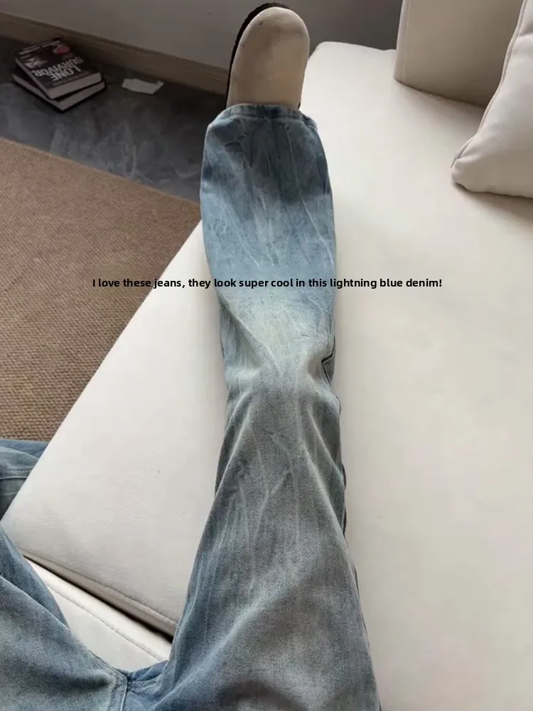 Retro Blue Burst Lightning Pattern Men's Jeans Straight Leg Slim Fit Heavy Duty Washed Denim Capri Pants Casual Wear