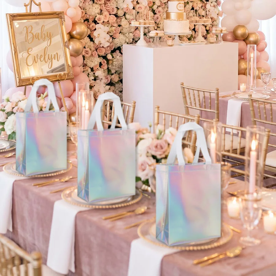 10/20pcs Iridescent Holographic Gift Bags, Reusable Rainbow Glitter Non-Woven Tote, Birthday Wedding Christmas Party Decor