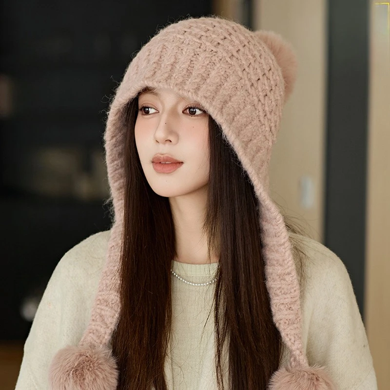 Salt Retro Thickened Three-ball Handmade Rough Knitted Hat Korean Version Girls Winter Outdoor Warm Ear Protective Wool Hat