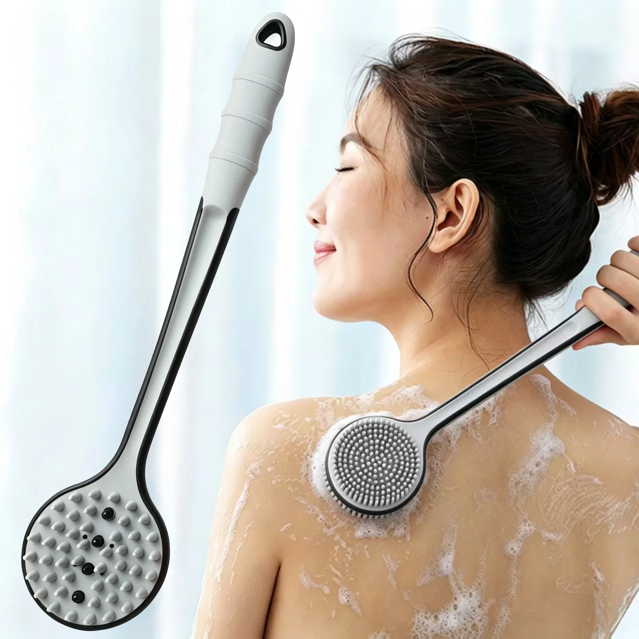 Double-Sided Long Handle Silicone Body Scrubber, Exfoliating Bath Shower Brush