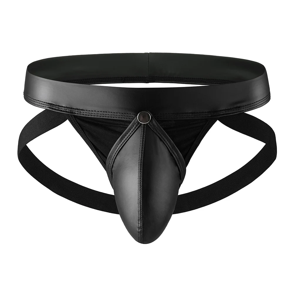 Men Faux Leather Gstring Thongs Underwear with Detachable Pouch Open Butt Low Waist Underpants for Comfortable Wear