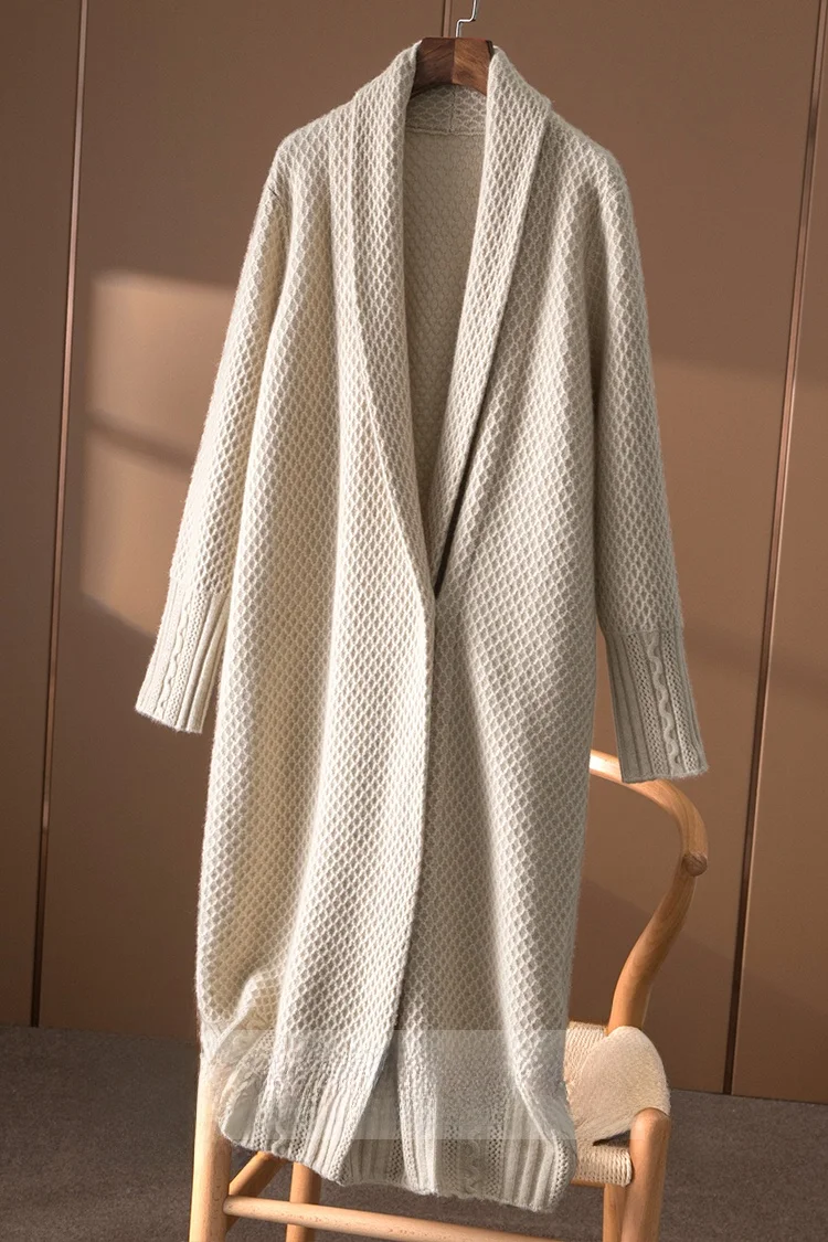 

Утепленный вязаный кардиган-пальто средней длины выше колена для женщин, весна-осень, с отложным воротником, в стиле Lazy Style