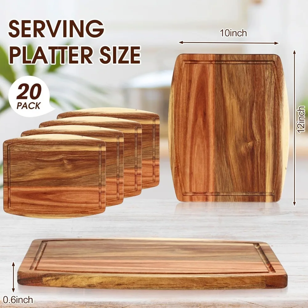 20 Pack Acacia Wood Cutting Boards for Laser Engraving, Wooden Dinner Plates with Groove, Chopping and Charcuterie Boards