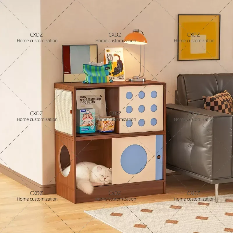 Solid Wood Medieval Bauhaus TV Cabinet Storage Unit Cat House 3 in 1 Furniture for Small Apartment Living Room Home Decor