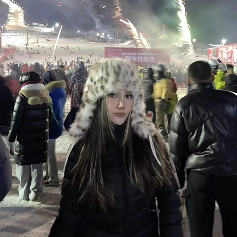 فو الأرنب الفراء الصياد قبعة الفهد طباعة الطيار قبعة مع حماية الأذن الشتاء العاصفة برهان هود للرجال النساء التزلج #3