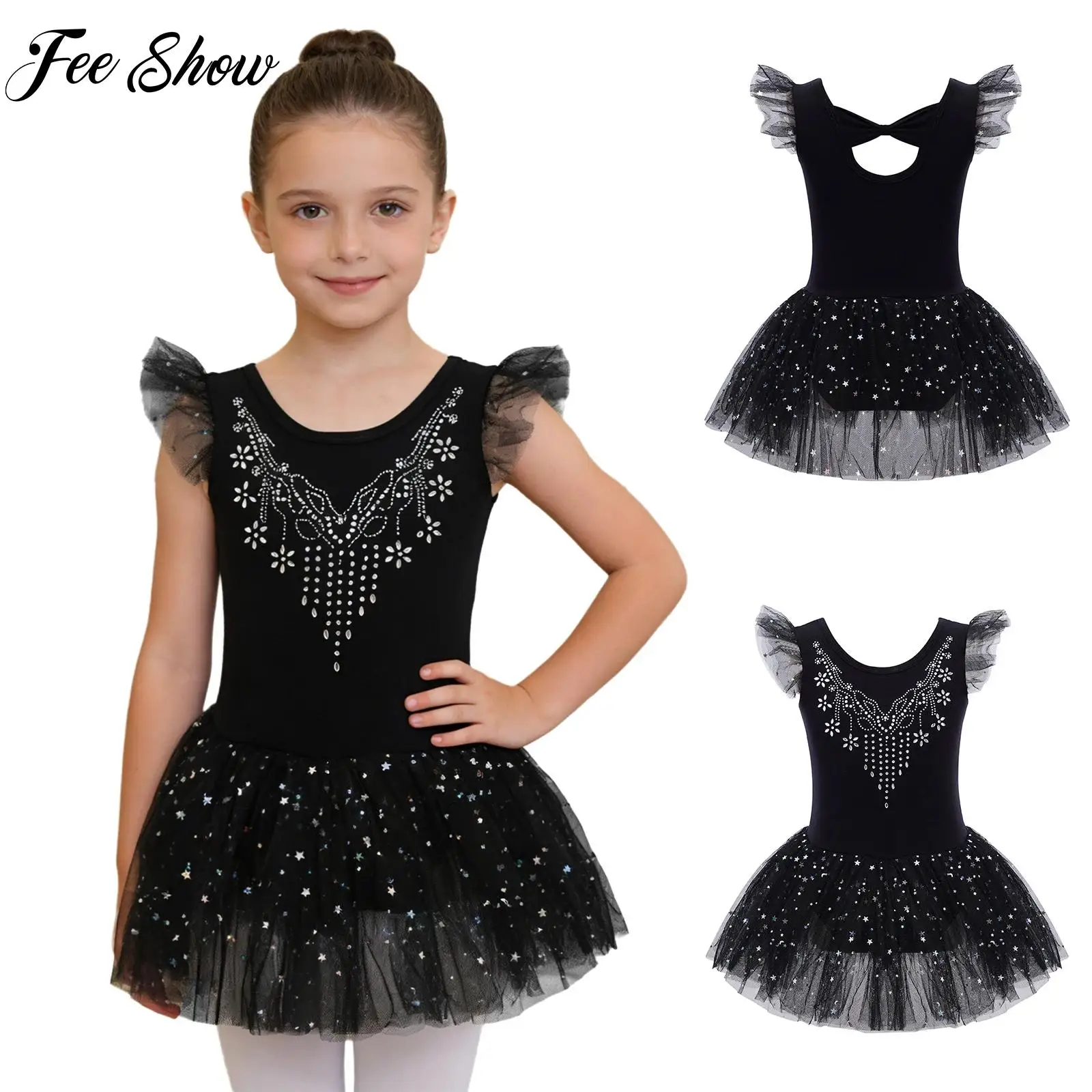 

Child Girls Ruffle Sleeves Ballet Dance Dresses Bow Back Rhinestones Bodice Sequins Tulle Dress Gymnastics Performance Costumes