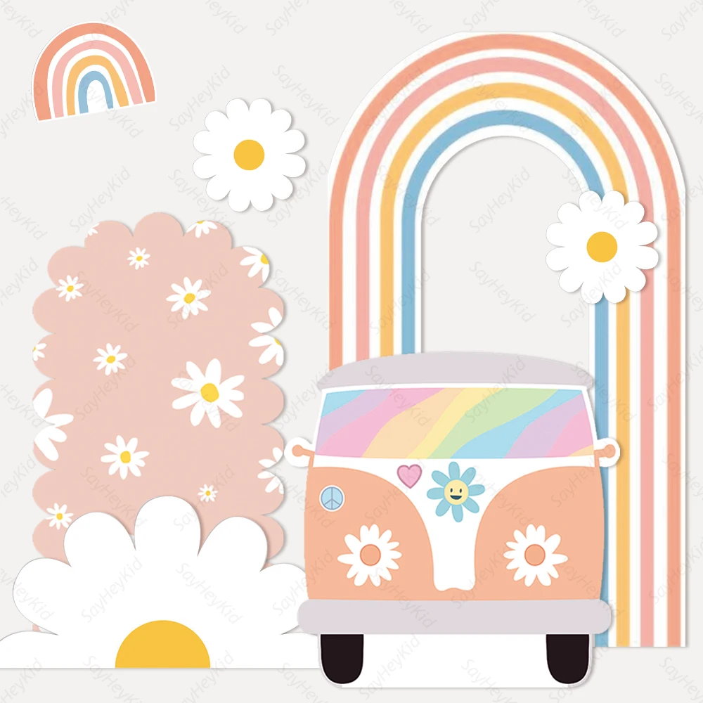 Hippie Party Decoration Rainbow Daisy Groovy Bus DIY Boho Baby Shower Birthday Wedding Retro Hippie Party Backdrop Photo Props