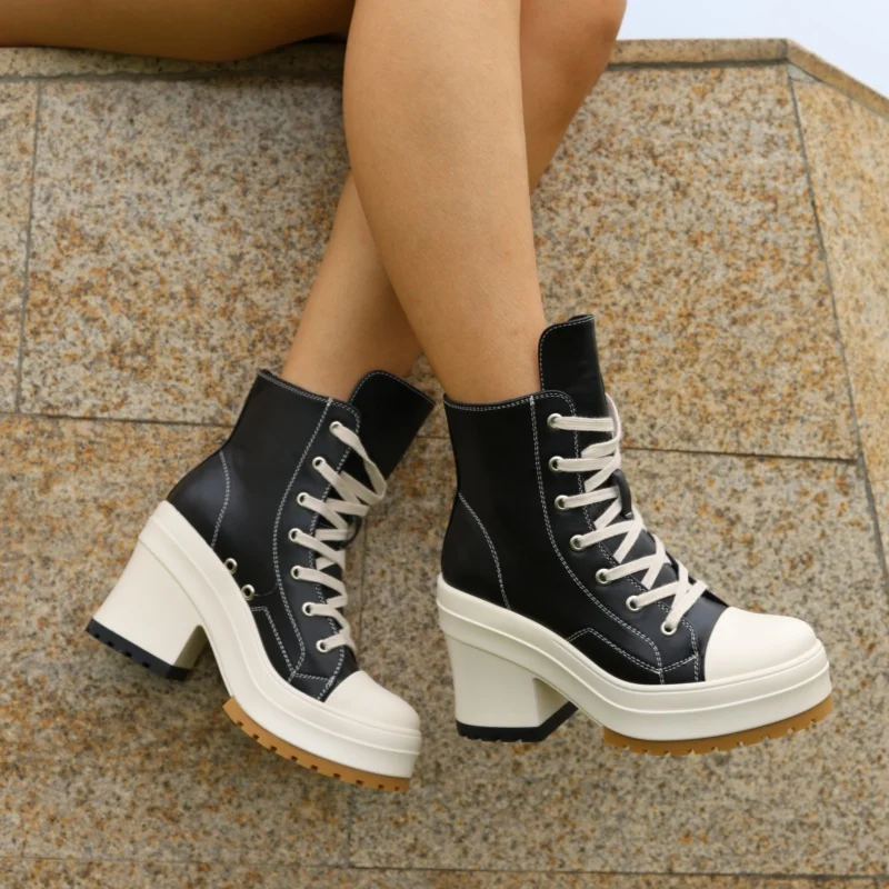 Women Round Toe Platform Ankle Boots Faux Leather Lace Up Chunky Block Heel Contrast Color Stitching Streetwear Fashion High Top Boots Daily Footwear