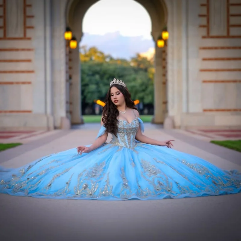 Blue Quinceanera Dress off-shoulder Golden Glitter Crystal Decal Long Tail Layering Bow Vestidos De 15 Quinceanera ﻿Customize