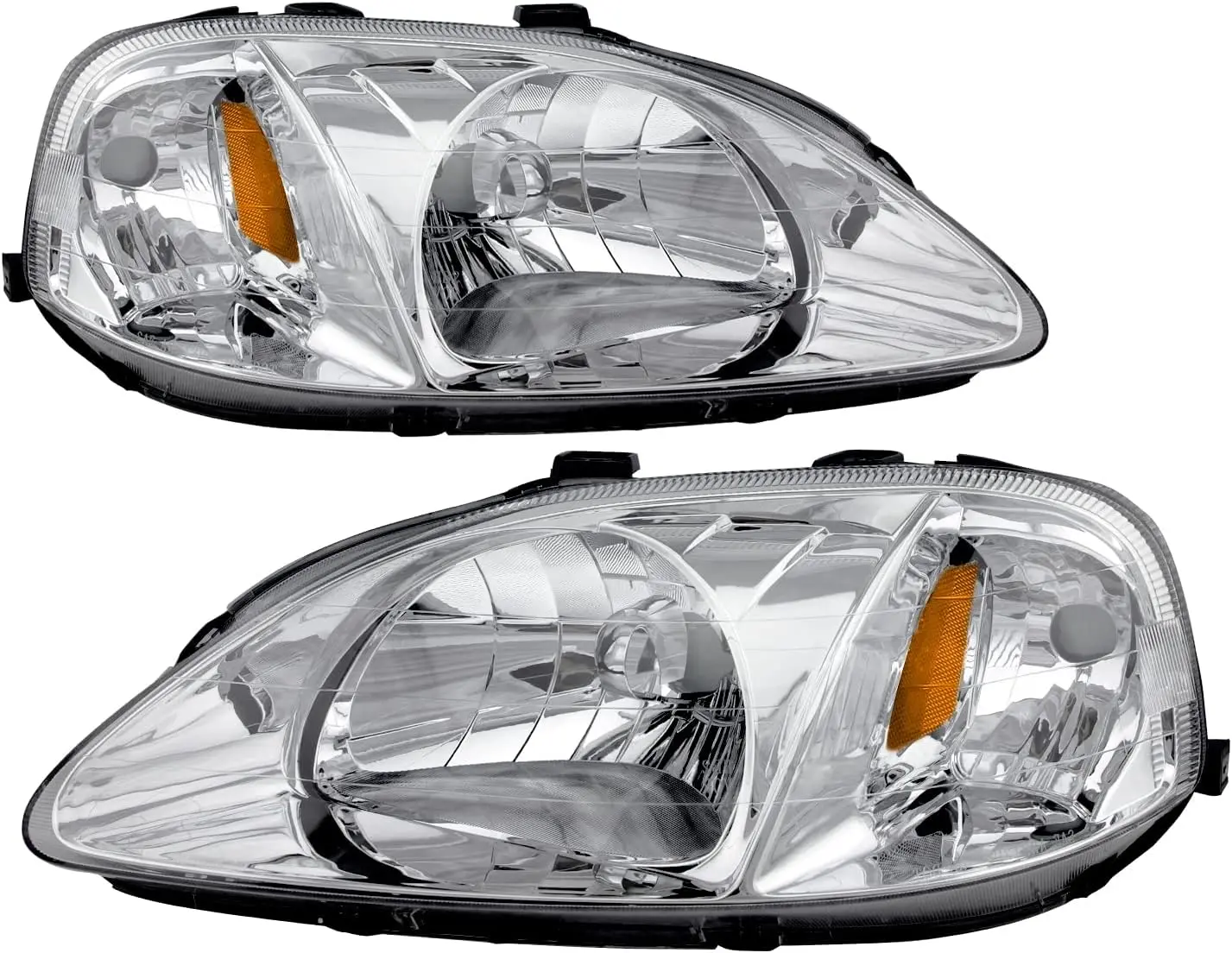 Sulinso Headlight Assembly Compatible with 99 00 1999 2000 Civic Headlamps (Chrome Housing Clear Lens Amber Reflector)