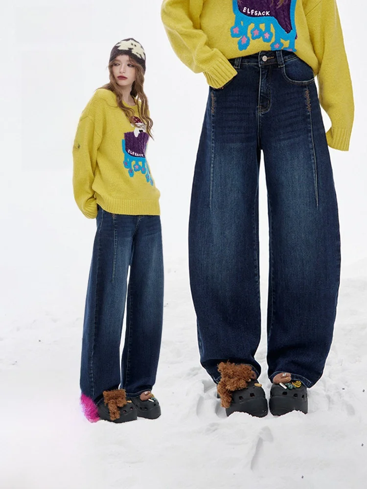 

Синие джинсы в стиле ретро, женские широкие повседневные джинсы, хлопковые джинсы с талией и застежкой-молнией, подставка, зимняя одежда