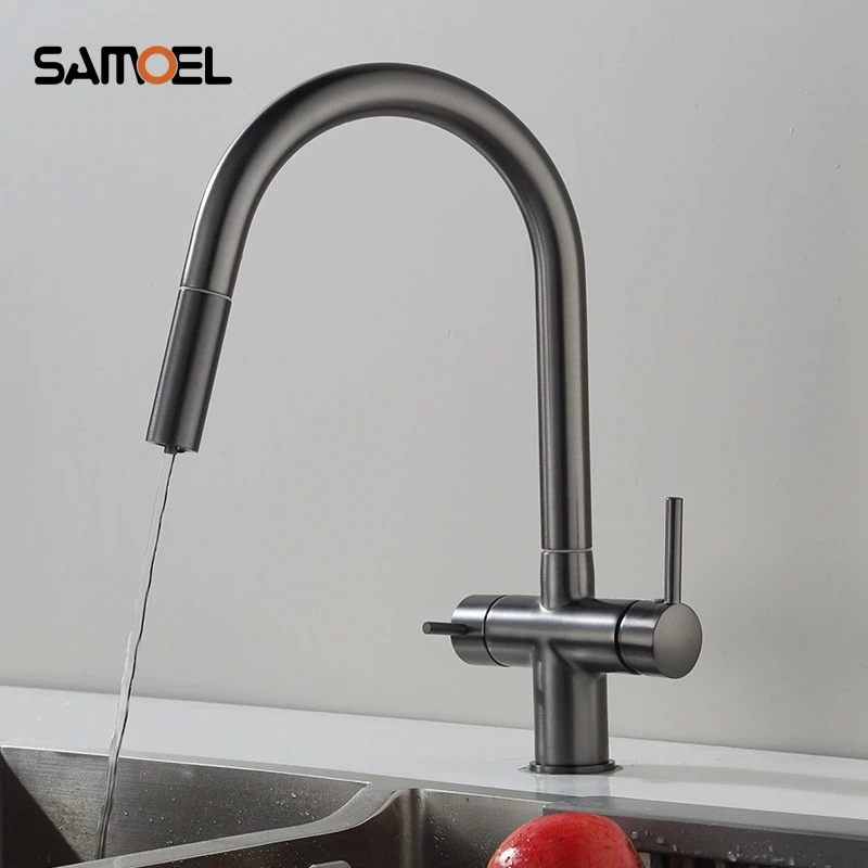 

Gun Grey Color Pull Out Filtered Drinking Water Tap Direct Drinking Tap Three Way Sink Mixer Kitchen Fauect Tap B3464